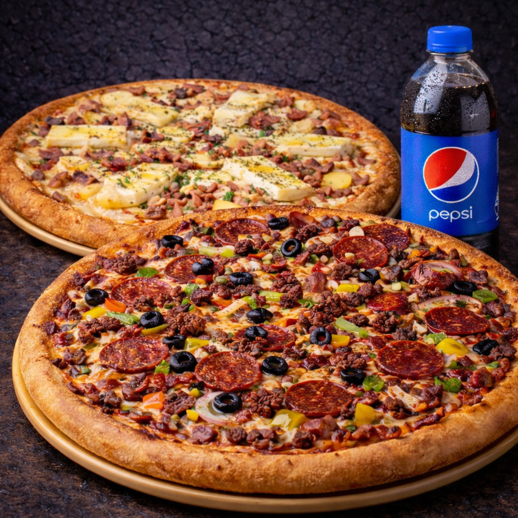 Menu Gourmand : 2 pizzas méga et une boisson 1,5 L